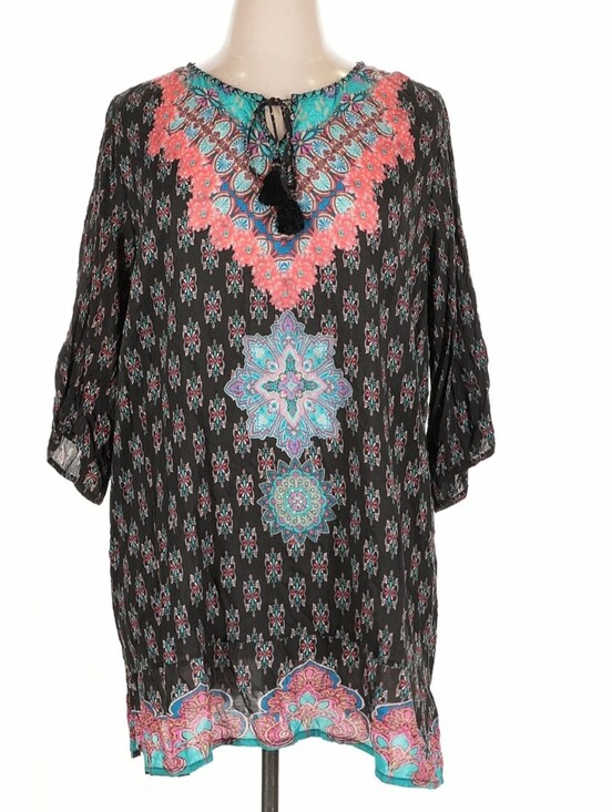 Tolani Tops - Tolani Black Boho Tunic with Coral and Teal Accents | Size XL